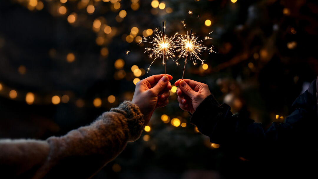 Zwei Hände in festlicher Lichtstimmung halten Wunderkerzen
